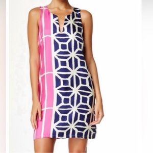 Julie Brown NYC sleeveless pink and navy blue geometric shift dress 2